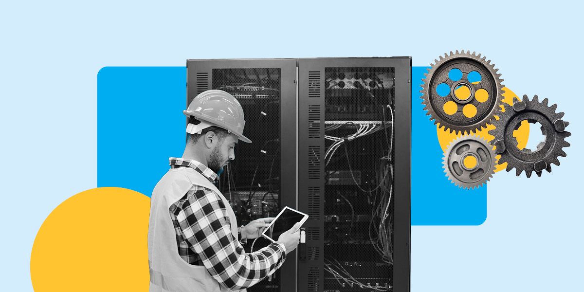 An IT administrator looking at a data loss prevention strategy on a tablet device, standing next to a server