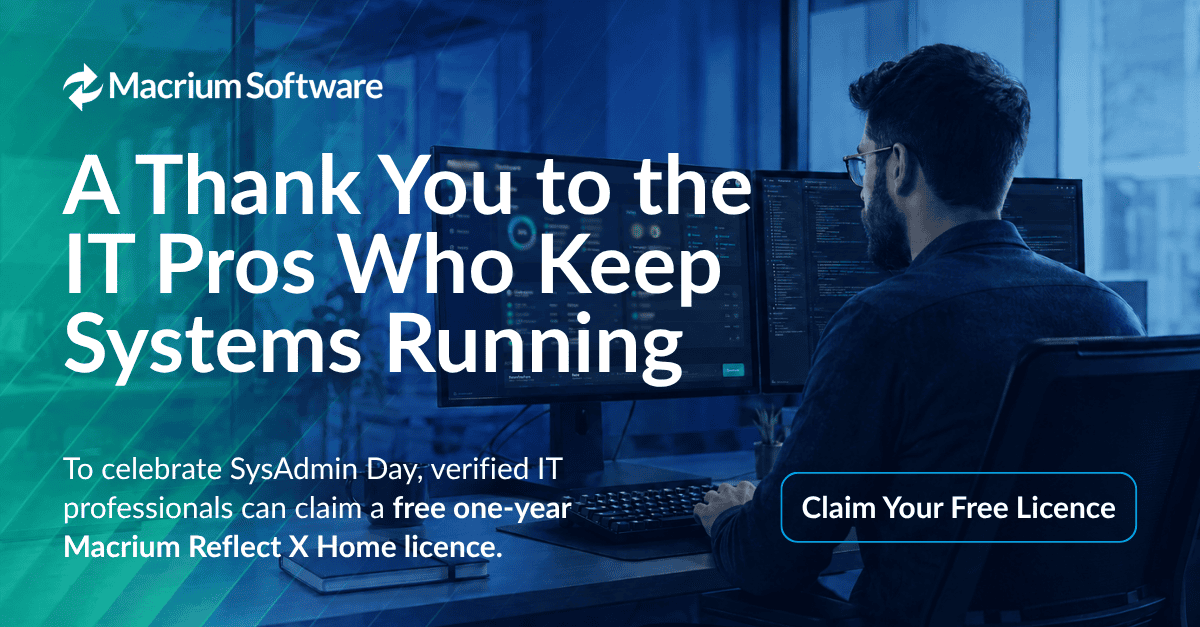 an IT professional sitting at a desk with text over it saying a thank you to the IT pros who keep systems running