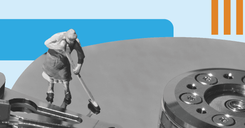 A black and white image of a cleaning lady brushing a computer disk, set against a graphical background of shapes and colours to illustrate the title of the blog 'How to Recover From a Ransomware Attack'.